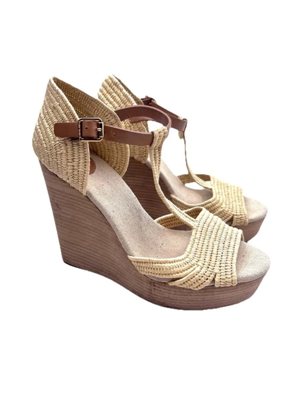 Tory Burch Natural Tan Beige Rattan Carina High Wedge Sandals Womens 8